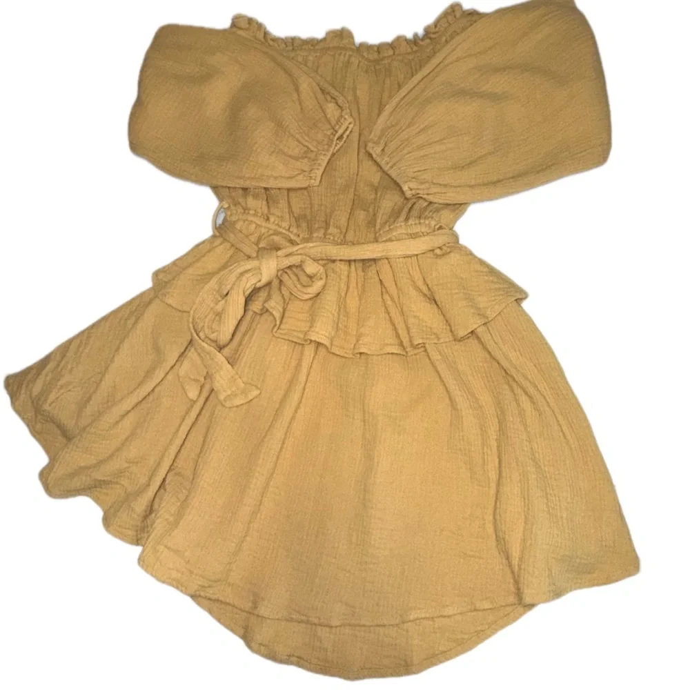 Petal & Pup 100% Cotton Golden Honey Off Shoulder Dress Size M Tie Waist Ruffle - Picture 5 of 11